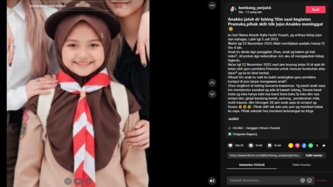 
					Viral di TikTok, Siswi SD N 1 Margakaya merenggut nyawa usai jatuh dari Tebing 10 meter pada kegiatan Sekolah, Guru diduga Lalai.