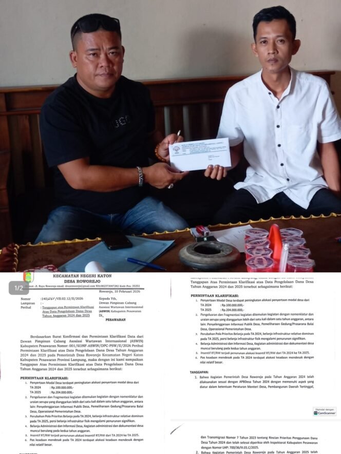 
					Jawaban Desa Rowo Rejo Belum Disertai Dokumen, ASWIN Lanjutkan Pendalaman